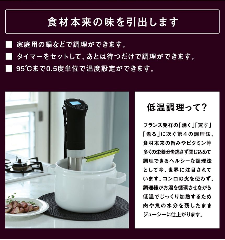 Felio 低温調理器 Sous vide cooking ブラック 低温調理器 Felio コンパクト レシピ付き Sous vide cooking